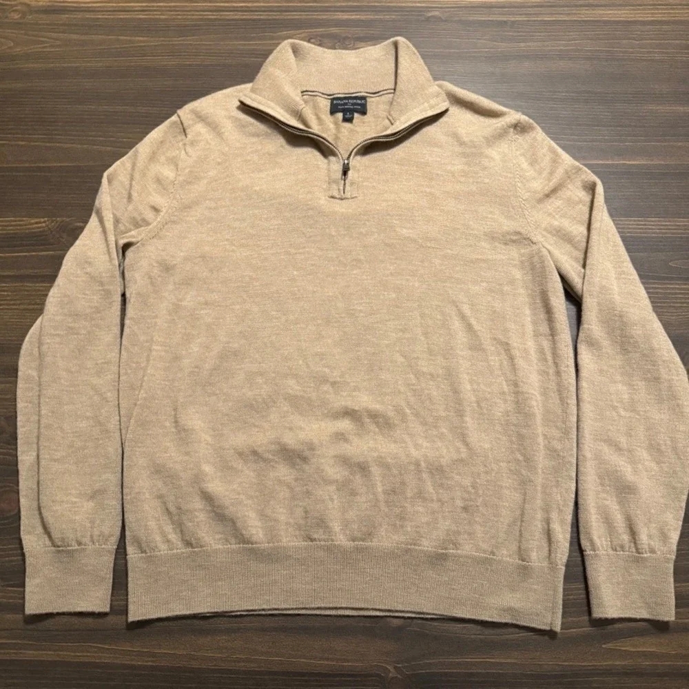 Banana Republic‎ sweater Large Khaki Beige 100% merino wool 1/4 zip mock neck